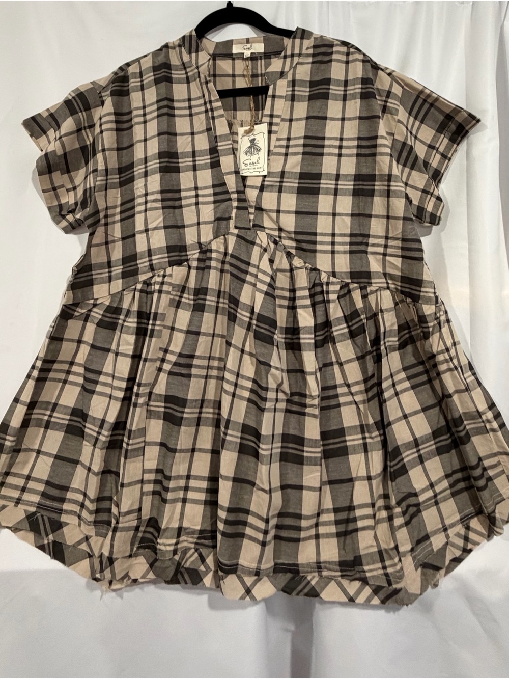 easel Beige & Black Plaid Short-Sleeve Peplum Top NWT
